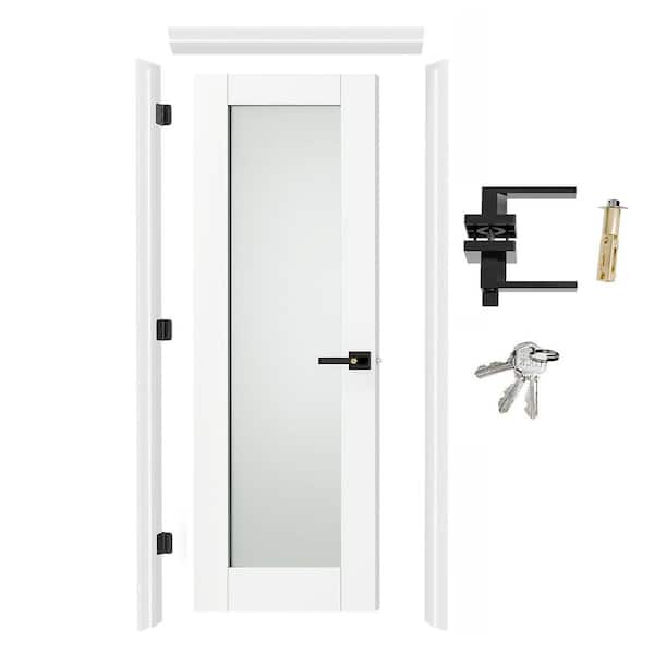 32 in. x 80 in. Left-Handed Full Lite Frosted Glass Primed Wood Laundry Door with Quick Assemble Door Jamb, Lever &Latch