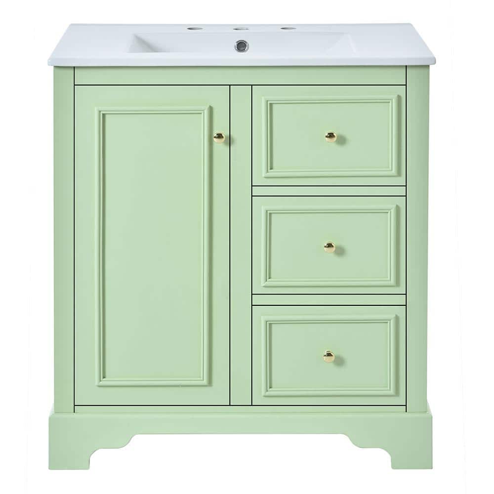 30 in. Freestanding Bath Vanity Cabinet in Green with White Ceramic Basin T