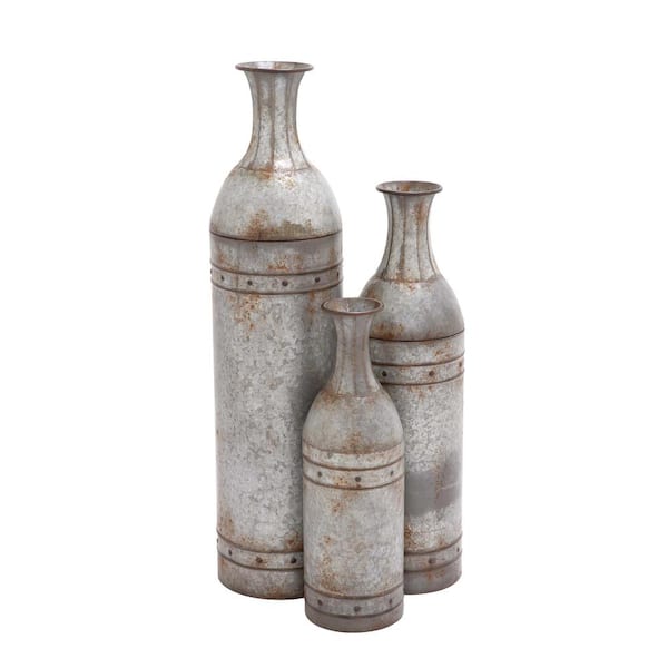 43 in., 33 in., 25 in. Gray Tall Galvanized Floor Metal Decorative Vase with Studs (Set of 3)