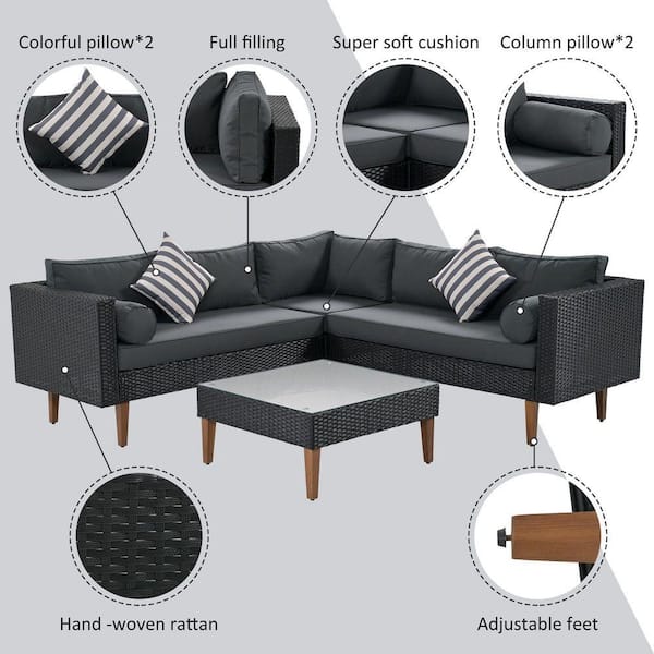 Black 4-Piece Wicker Outdoor Sectional Set, Patio Sofa Set with