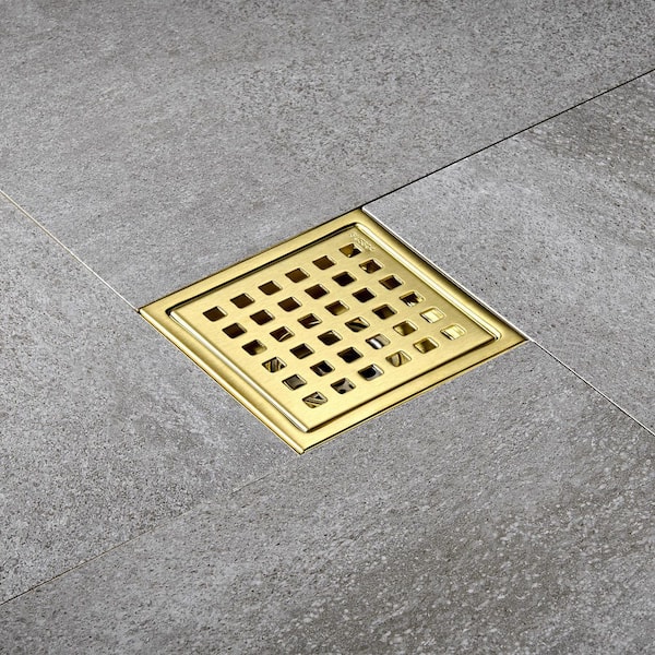 4 in. x 4 in. Stainless Steel Square Shower Floor Drain in Brushed Gold