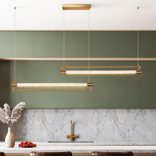 Llywelyn 2-Light Dimmable Integrated LED Plating Brass Linear Chandelier with Textured Glass Shade