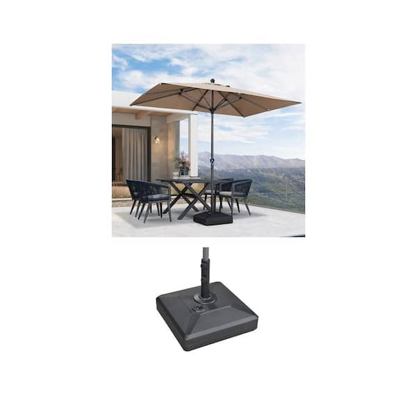 6.  5 ft. x 10 ft. Taupe Aluminum Crank and Tilt Umbrella with 154 lbs. Black Umbrella Base