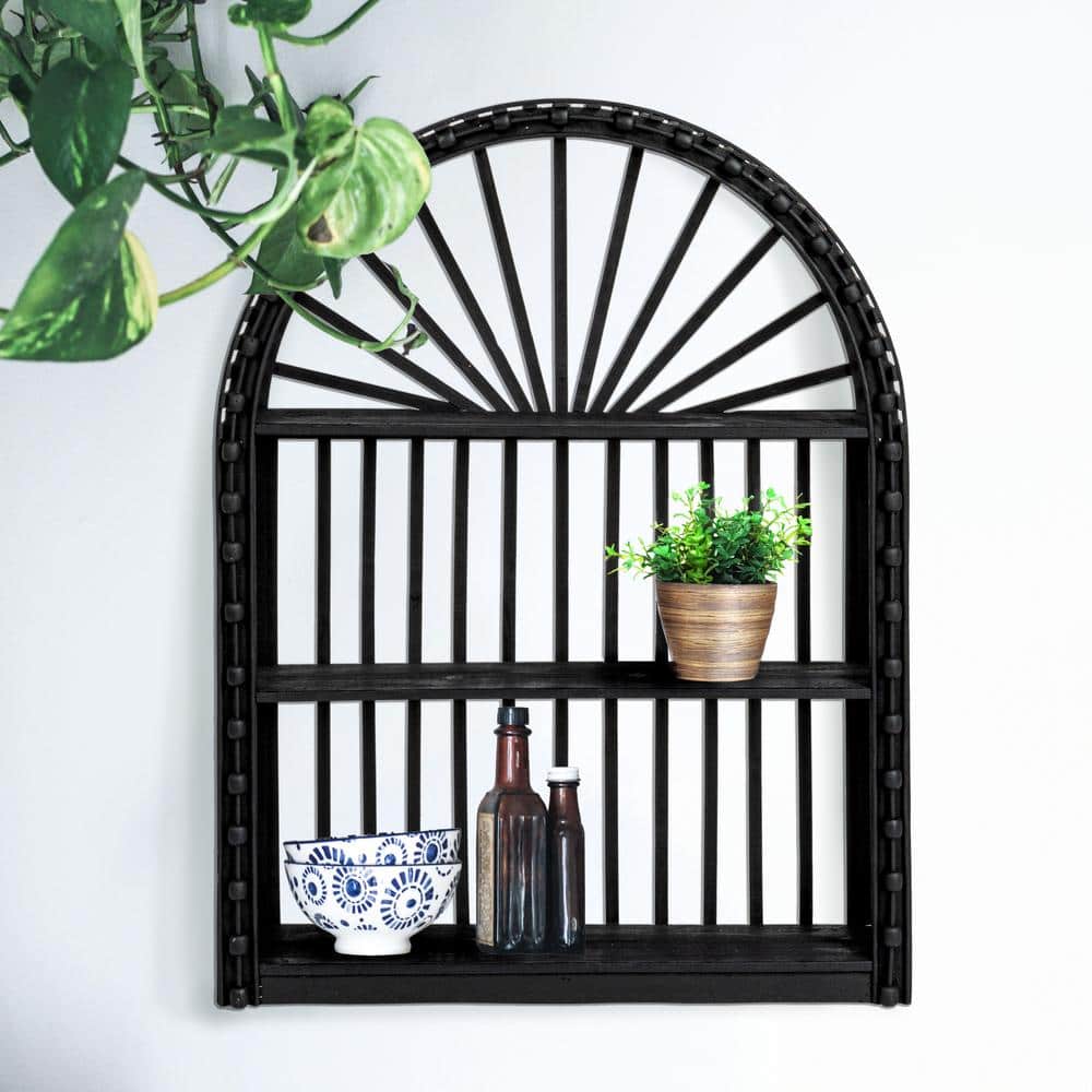 Arched Black Bamboo and Wood Wall Shelf with Three Tiers