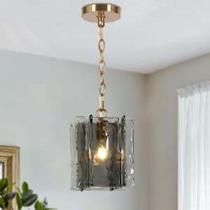 Echonalyri Modern 1-Light Brass Square Pendant Light with Gray Textured Glass Shade for Glam Kitchen Island, Dining Room