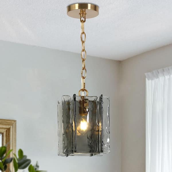 Echonalyri Modern 1-Light Brass Square Pendant Light with Gray Textured Glass Shade for Glam Kitchen Island, Dining Room