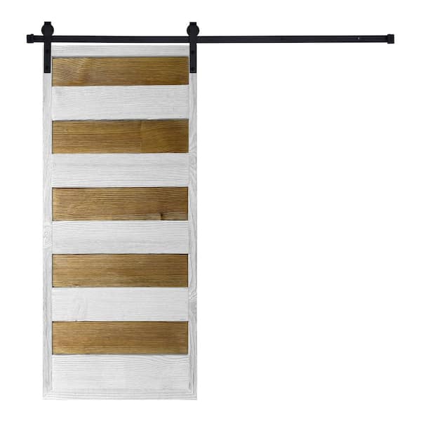 AIOPOP HOME Artisan Series Color Contrast Stripes 84 in. x 36 in. Natural Pine Wood Finished Sliding Barn Door with Hardware Kit