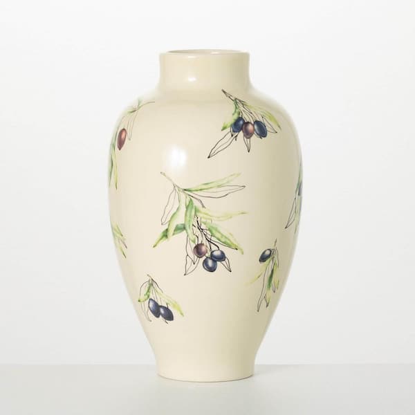 SULLIVANS 12 in. Ceramic Ivory Olive Urn Vase