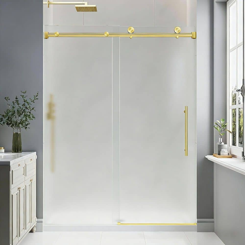 56-61 in. W x 76 in. H Right-Side Single Sliding Frameless Shower Door Brushed Gold 3/8 in. Frosted Glass price history on PriceWatchPro