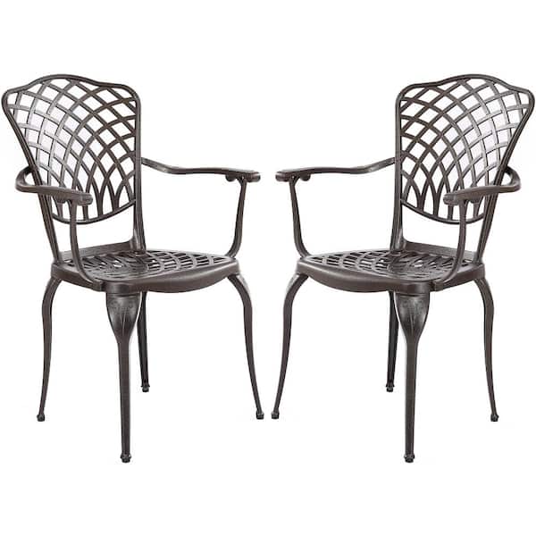 Kinger Home Arden Cast Decorative Aluminum Outdoor Patio Dining Metal Chairs Lattice Weave Design in Bronze (2-Pack)
