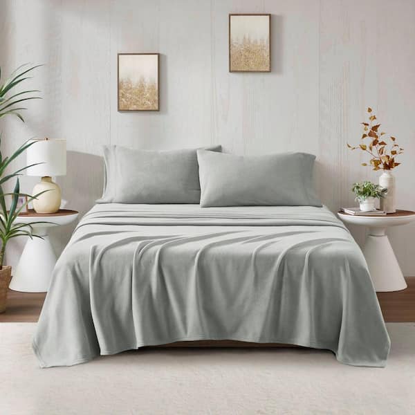 TRUE NORTH Micro Fleece 4-Piece Grey Polyester Queen Sheet Set