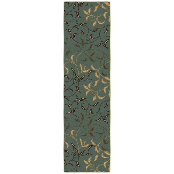 Ottomanson Ottohome Collection Non-Slip Rubberback Leaves 2x7 Indoor Runner Rug, 1 ft. 10 in. x 7 ft., Dark Seafoam Green