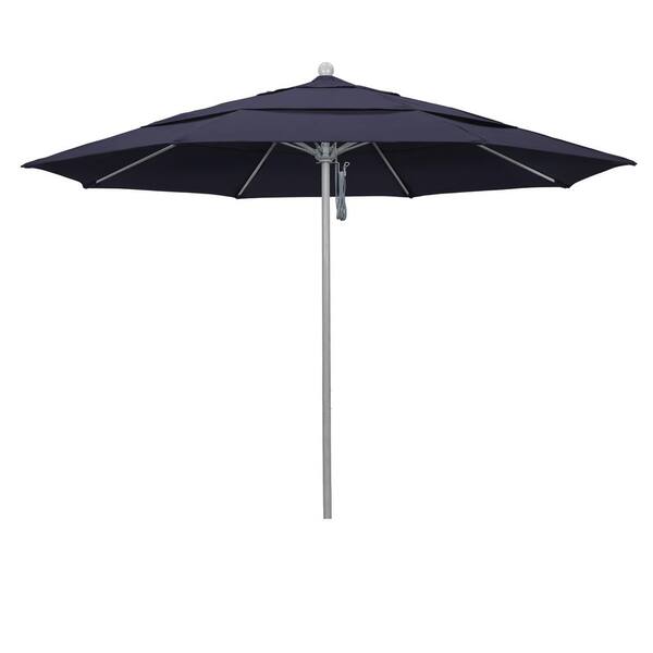California Umbrella 11 ft. Gray Woodgrain Aluminum Commercial Market Patio Umbrella Fiberglass Ribs and Pulley Lift in Navy Blue Sunbrella