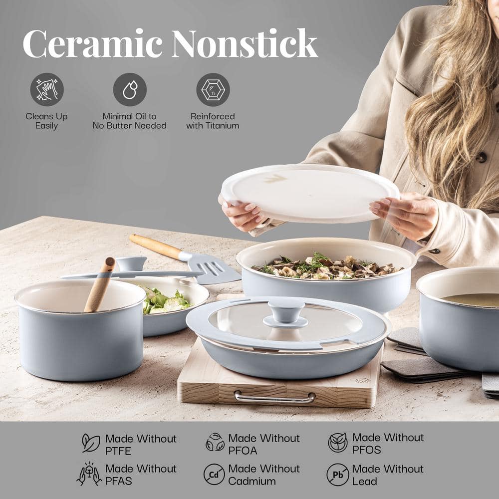 Gray and Cream Aluminum Ceramic Nonstick Cookware Set with Detachable Handles