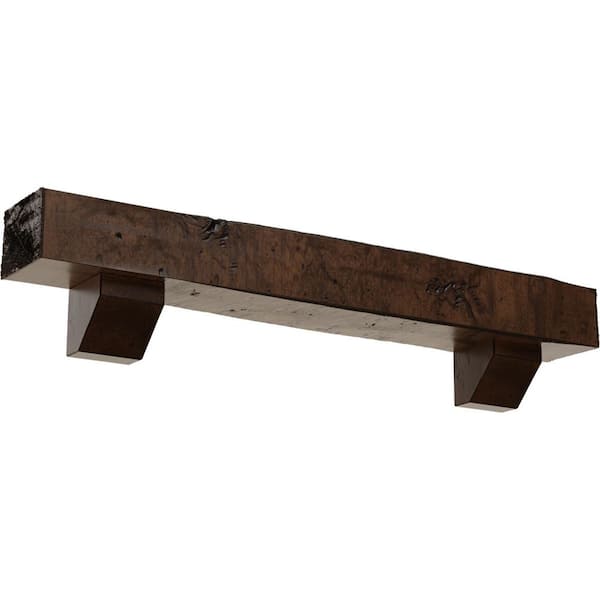 Ekena Millwork 4 in. x 8 in. x 5 ft. Knotty Pine Faux Wood Fireplace Mantel Kit with Ashford Corbels, Premium Aged