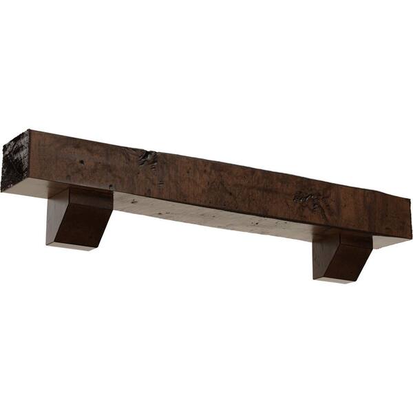 Ekena Millwork 8 in. x 10 in. x 5 ft. Knotty Pine Faux Wood Fireplace Mantel Kit, Ashford Corbels, Premium Aged