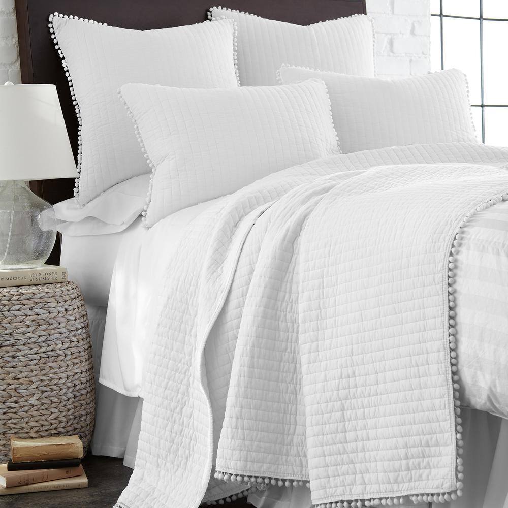 Classic White Cotton Standard Sham with Pom Pom Edges