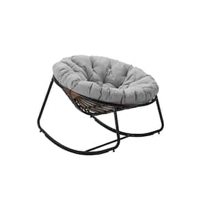 1-Piece Metal Dark Gray Round Rattan Rope Club Outdoor Rocking Chair with Light Gray Cushion