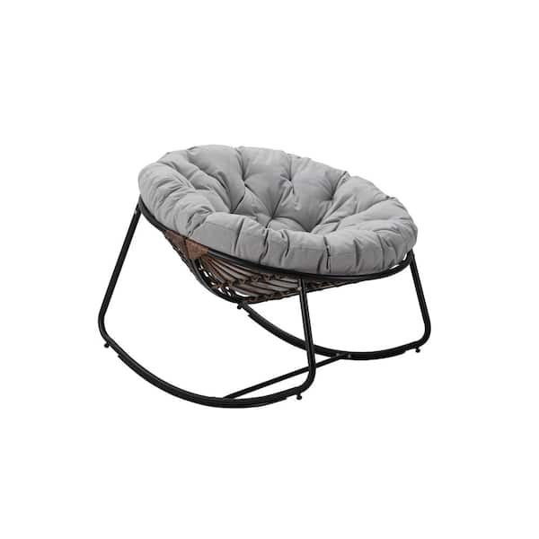 Unbranded 1-Piece Metal Dark Gray Round Rattan Rope Club Outdoor Rocking Chair with Light Gray Cushion