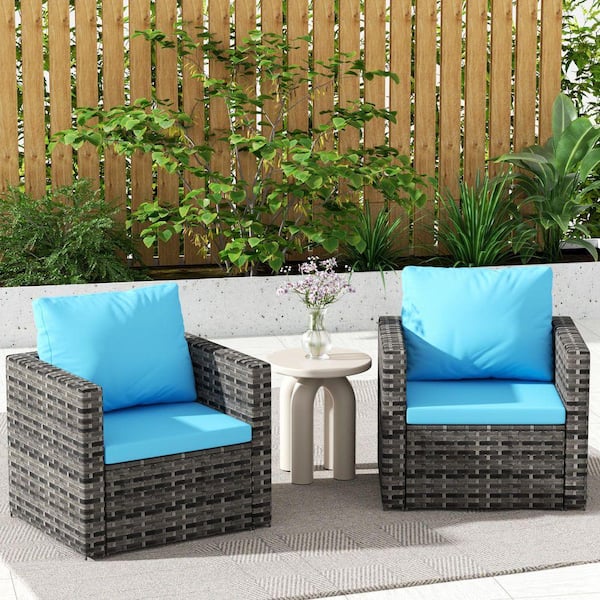 2-Piece Wicker Rattan Outdoor Sectional Set Sofa with Light Blue Cushions