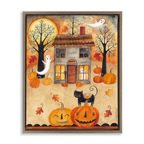 Stupell Industries Ghost on Halloween Night by Bernadette Deming 1-Piece Floater Frame Graphic Print Architecture Art Print 31 in. x 25 in.