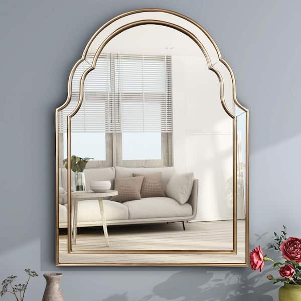 THKSHOUZ Gold 23.6 in. W x 31.5 in. H Modern Arched Resin Framed Decorative Mirror