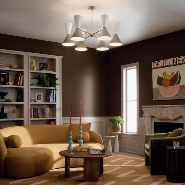 Phix 38.75 in. 12-Light Champagne Bronze and Greige White Mid-Century Modern Shaded Chandelier for Dining Room
