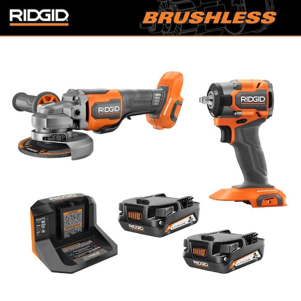 RIDGID 18V Brushless Cordless 2-Tool Combo Kit with SubCompact Impact Wrench, Angle Grinder, (2) 2.0 Ah Batteries, and Charger