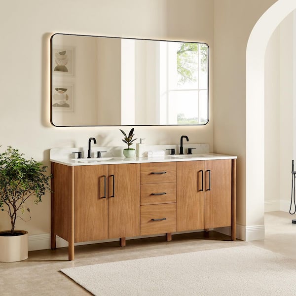 Velora 72 in. Double Freestanding Mango Brown Bath Vanity with Grain White Engineered Stone Top Assembled, Mirror