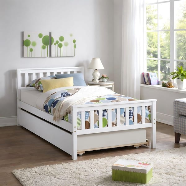 White Wood Frame Twin Size Platform Bed with Trundle, Platform Bed Frame with Headboard and Footboard