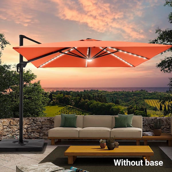 JOYESERY 10 ft. Square Outdoor Aluminum Frame Cantilever Solar LED 360° Rotation System Patio Umbrella in Rust Red