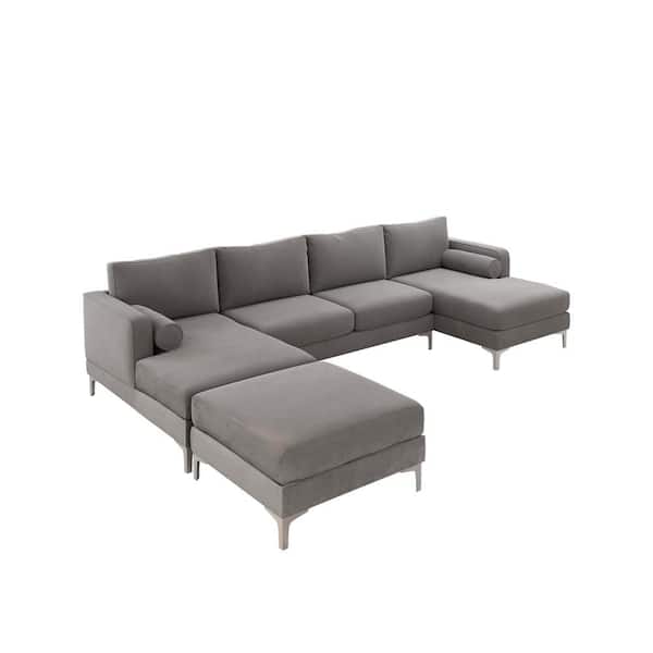 wetiny 123.6in.W Square arm 2-piece Velvet U shape Sectional Sofa in Gray