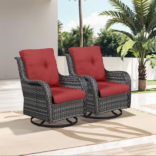 WellCane Gray 2-Piece Wicker Outdoor Swivel Glider Patio Rocking Chair with 3. 9in Thick Olefin Red Cushions For Porch
