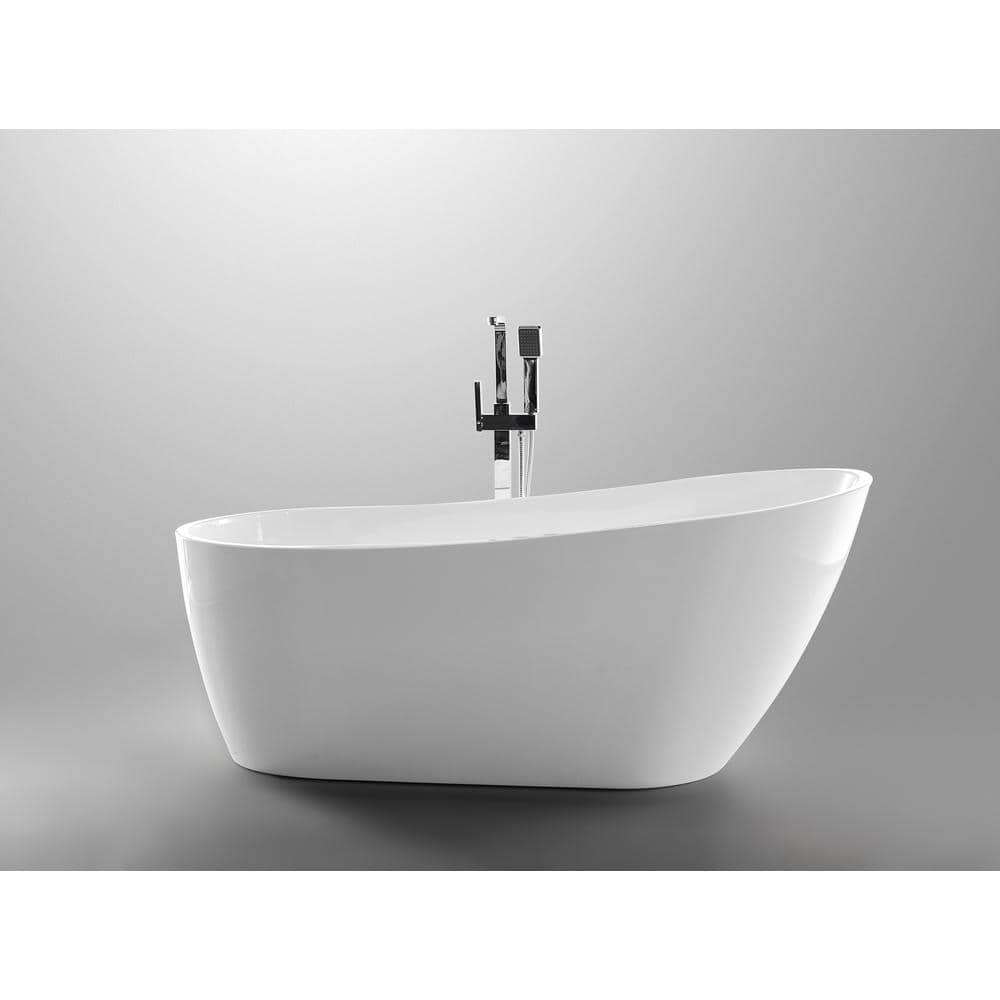 Glossy White Acrylic Freestanding Oval Bathtub with Chrome Overflow