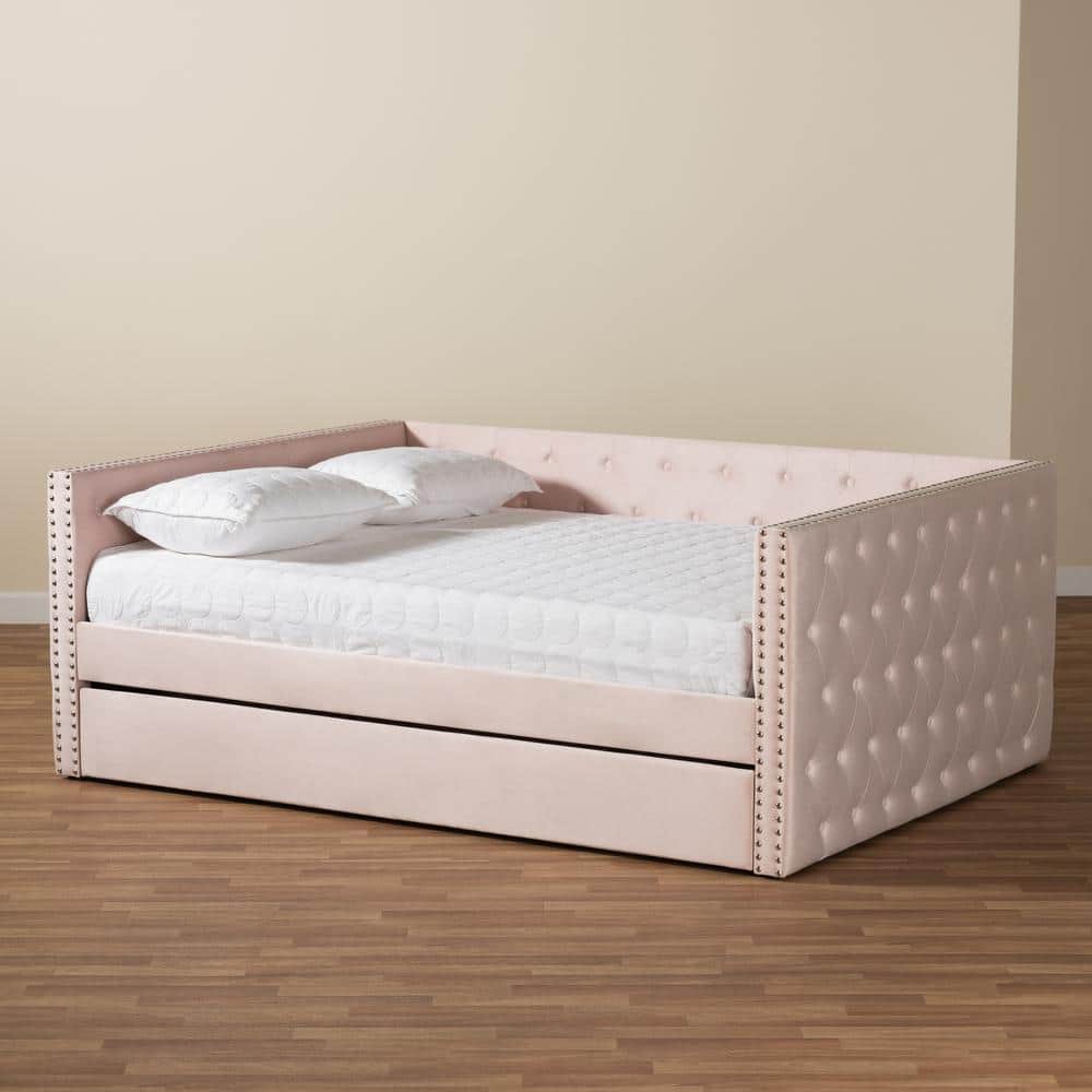 Pink Velvet Upholstered Queen Daybed with Trundle and Tufted Design