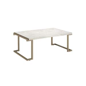 44 in. White/Gold Large Rectangle Marble Coffee Table with Metal Base with Storage