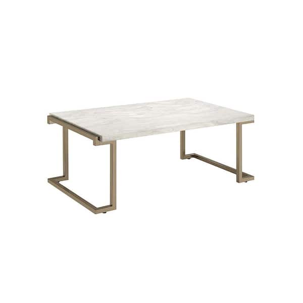 Benjara 44 in. White/Gold Large Rectangle Marble Coffee Table with Metal Base with Storage