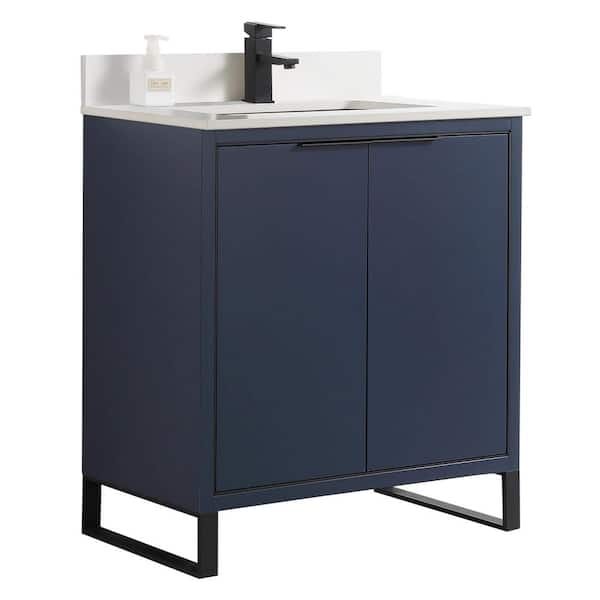 FINE FIXTURES Opulence 30 in. W x 18 in. D x 33.5 in. H Bath Vanity in Navy Blue with White Single sink Top