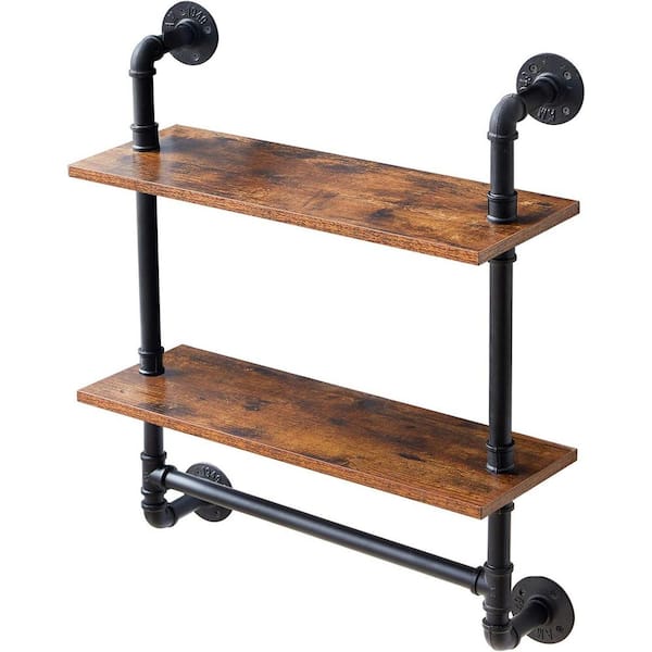 Cubilan 23.62 in. W x 7.87 in. D Rustic Brown Decorative Wall Shelf, Pipe Floating Shelves with Towel Bar