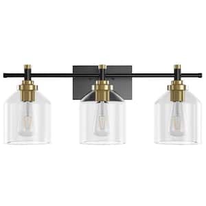 22.8 in. 3-Light Black Bathroom Dimmable Vanity Light with Clear Glass Shades