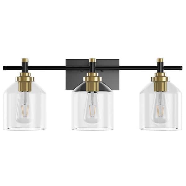 aiwen 22.8 in. 3-Light Black Bathroom Dimmable Vanity Light with Clear Glass Shades