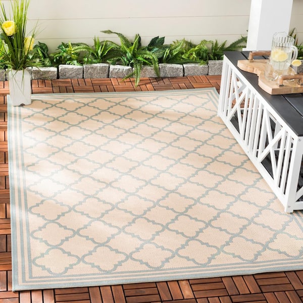 Beach House Cream/Aqua Doormat 2 ft. x 4 ft. Border Trellis Indoor/Outdoor Area Rug