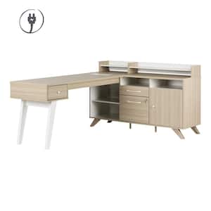Helsy 78 in. L-Shaped Soft Elm and White Particle Board 3-Drawer Desk With Power Bar and Removable Hutch