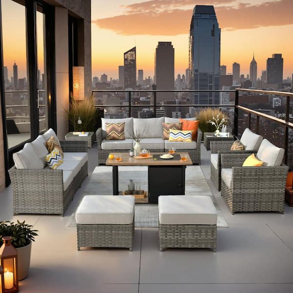 Toject Eufaula Gray 13-Piece Wicker Modern Outdoor Patio Conversation Sofa Set with a Storage Fire Pit and Beige Cushions