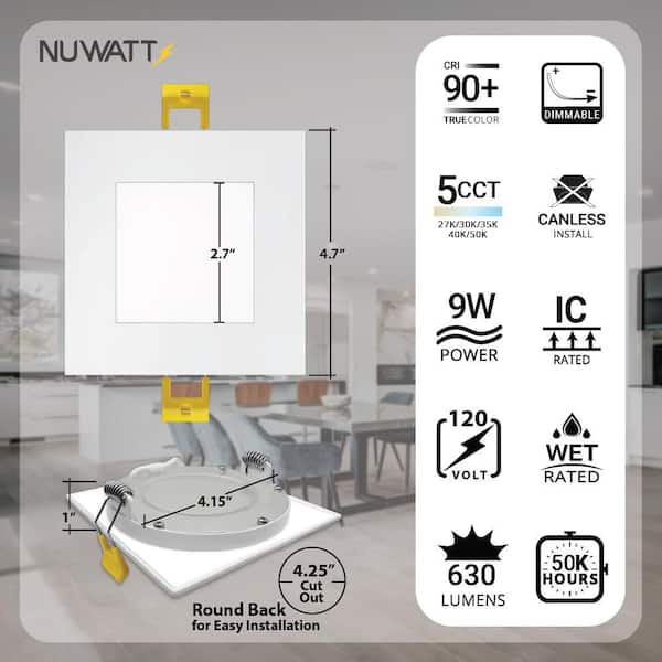 4 in. White Square Slim Canless Integrated LED Recessed Light Kit 5 Color Selectable 2700K to 5000K Dimmable (12-Pack)