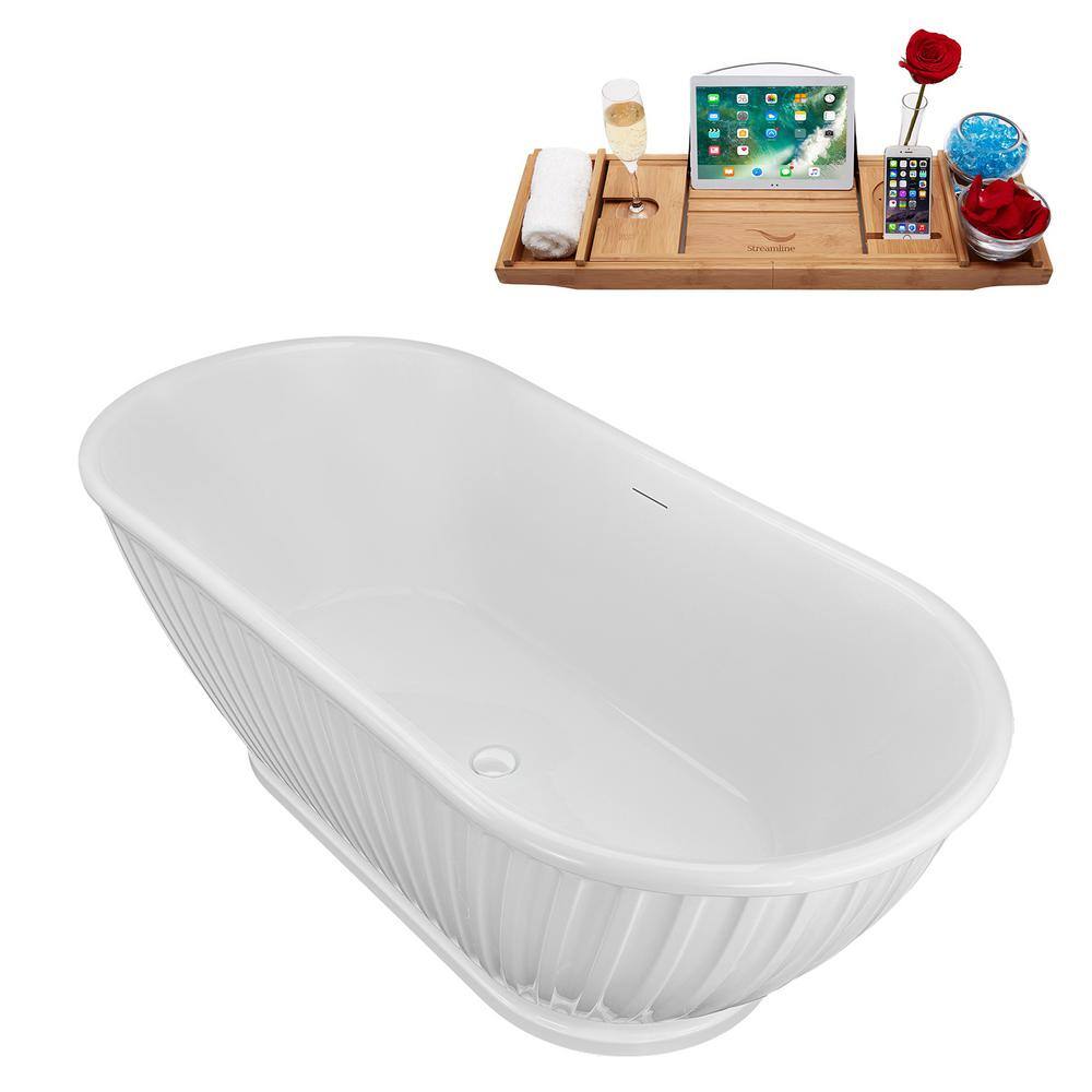 67" Glossy White Acrylic Freestanding Soaking Bathtub with Bamboo Tray