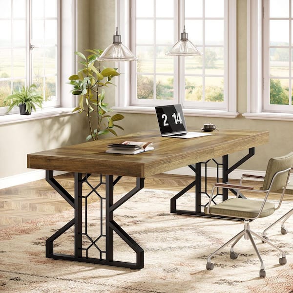 BYBLIGHT Moronia 70.87 in. Rustic Brown Rectangle Computer Desk, Long Executive Desk with Geometric Metal Frame for Home Office