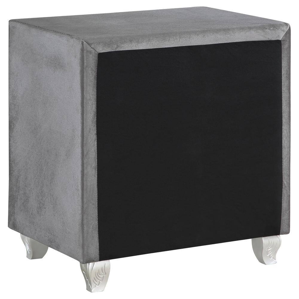 Gray Velvet 2-Drawer Nightstand with Crystal Pulls
