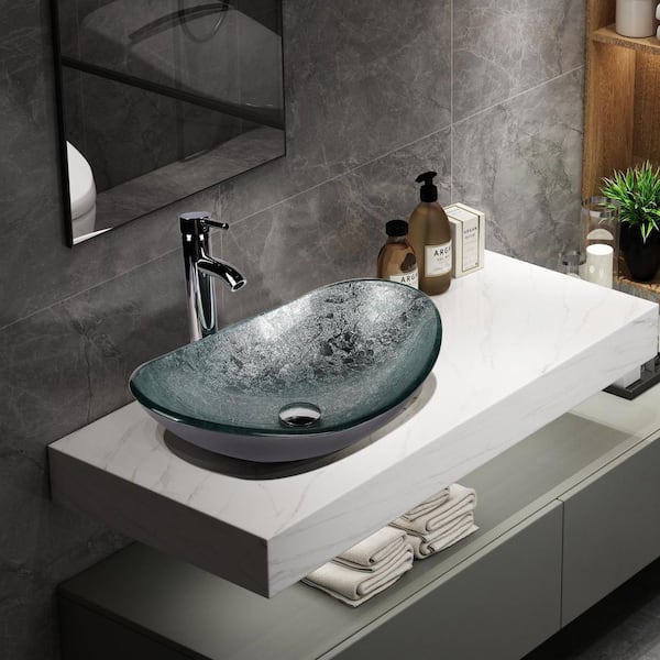 Flynama Bathroom Oval Glass Vessel Sink with Faucet in Silver  LY-FXGB0005-SI The Home Depot