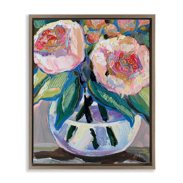 Stupell Industries Gifted Pink Peonies by Jeanette Vertentes Brown Floater Frame Nature Graphic Art Print 21 in. x 17 in.